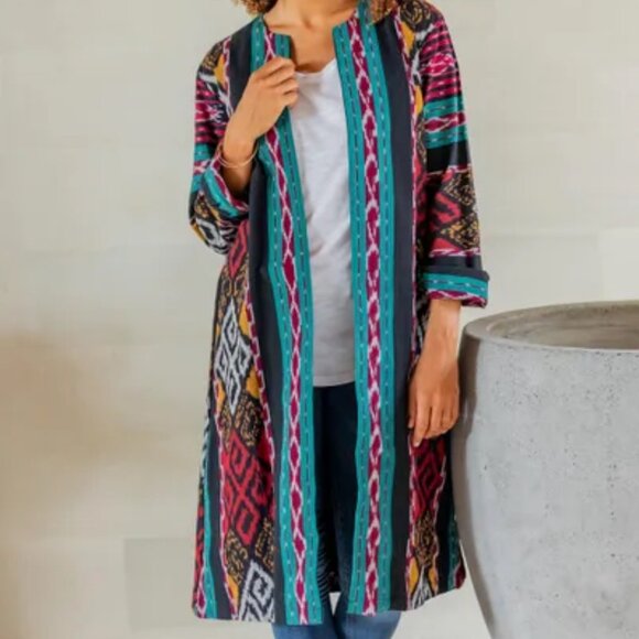Novica Handwoven Open Front Ikat Cotton Duster Jacket Kartini Emerald Large - Picture 1 of 11